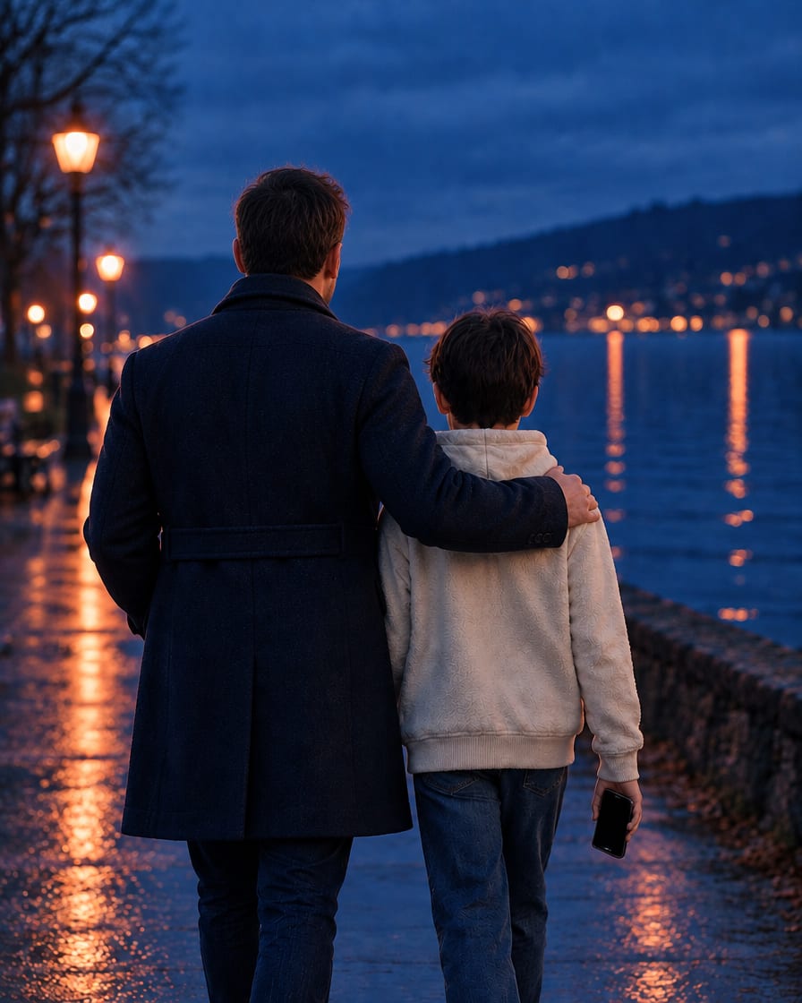 Symbolbild: Ein Vater legt am Abend am See den Arm um seinen Sohn, beide von hinten gesehen, sein Handy hängt unbeachtet an seiner Seite